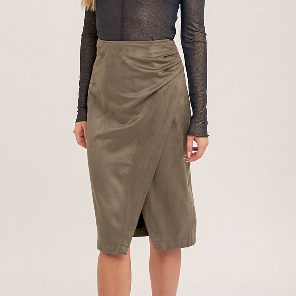 HEM & THREAD Olive Green Faux Suede Wrap Midi Skirt, Chic Draped Pencil Skirt - Picture 5 of 5